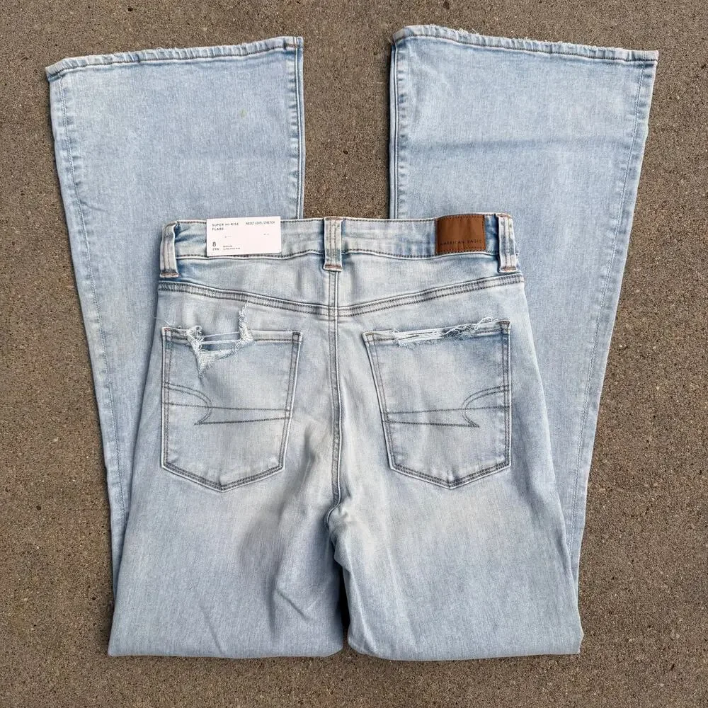American Eagle Super Hi Rise Flare Next Level Stretch Light Blue Jeans 8 REG NEW